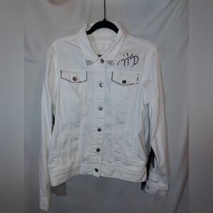 The Limited White Denim Jacket with Studded Details, Black Fringe, & Cross Patch